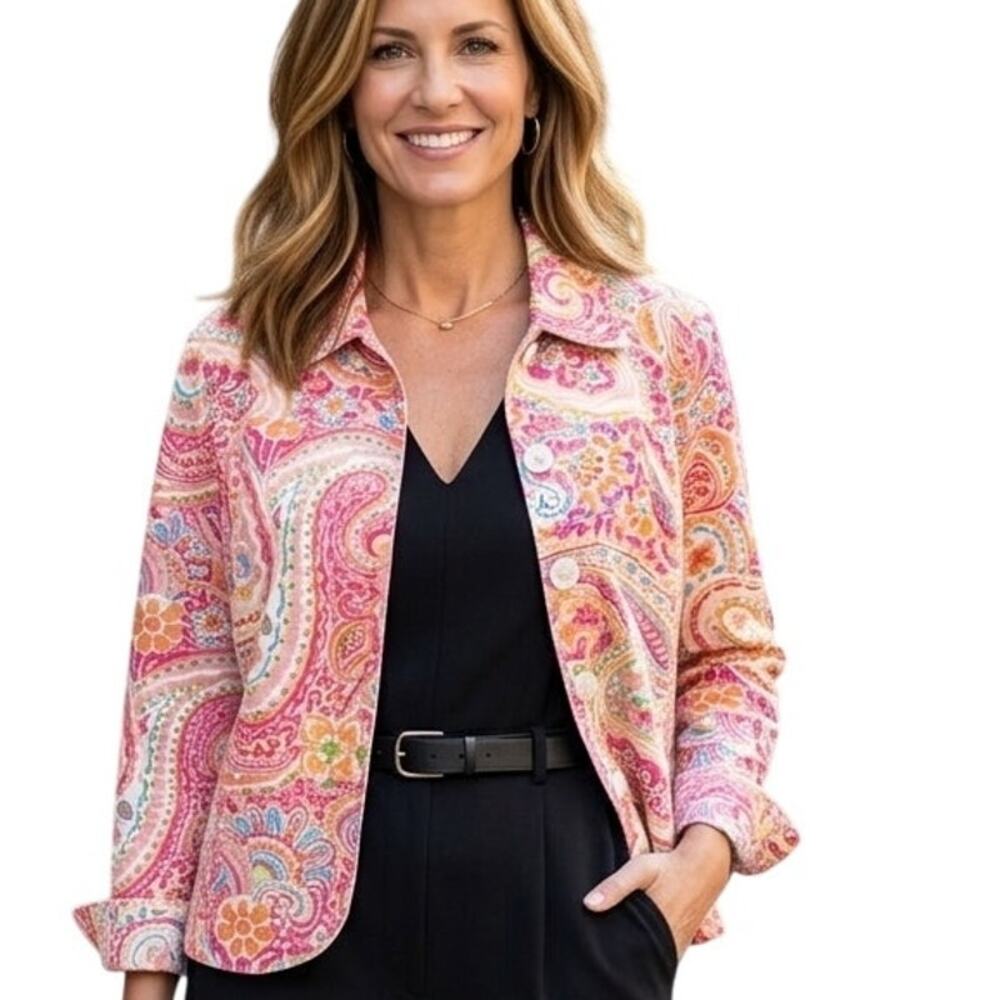 Coldwater Creek Paisley Jacket Womens Medium Colorful Lightweight Denim Button